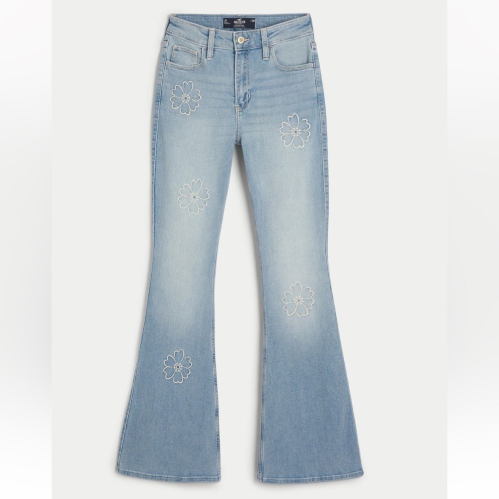 NWT Hollister High-rise Medium Wash Floral Embroidered Flare Jean, sz 2